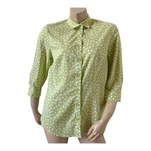 Coldwater Creek Green White Polka Dot 3/4 Sleeve Cotton Button Up Shirt Medium